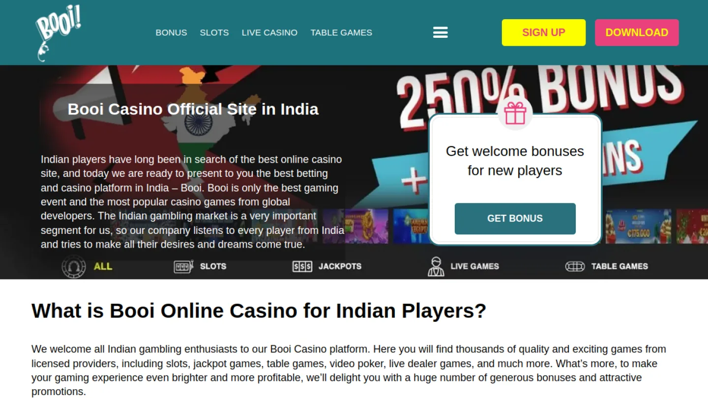 Booi Casino: верхняя часть интерфейса