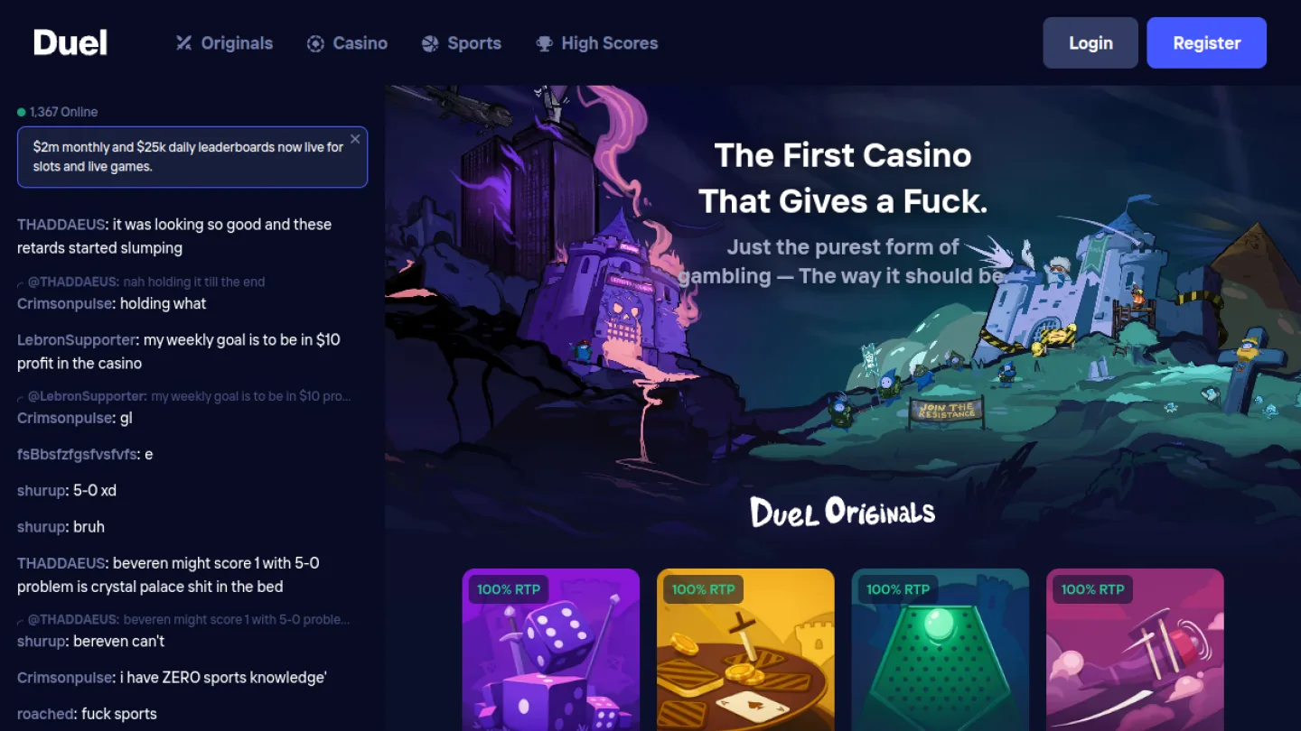 Duel Casino: верхняя часть интерфейса