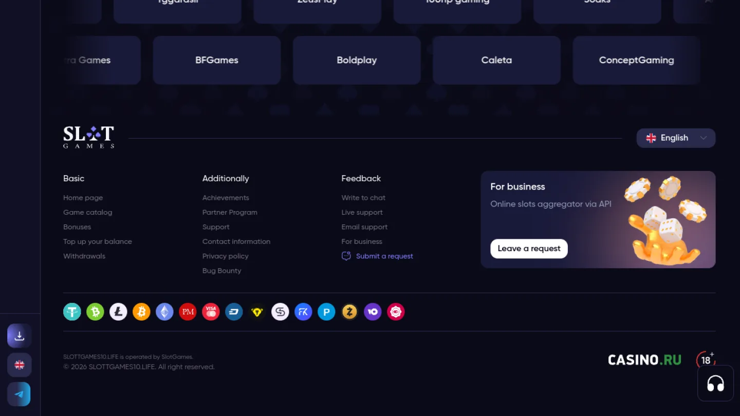 Slotgames Casino: нижняя часть страницы