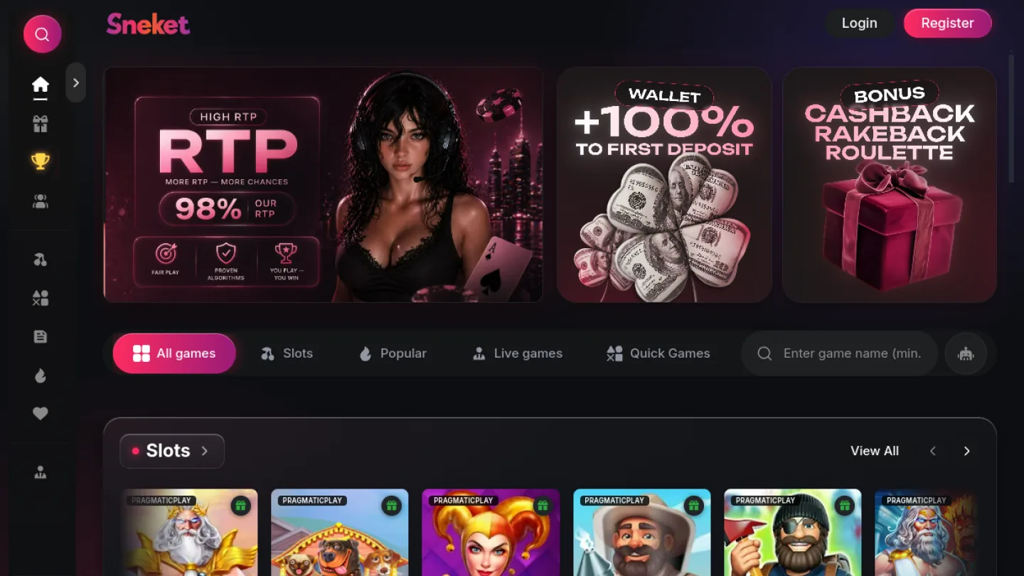 Sneket Casino: верхняя часть интерфейса
