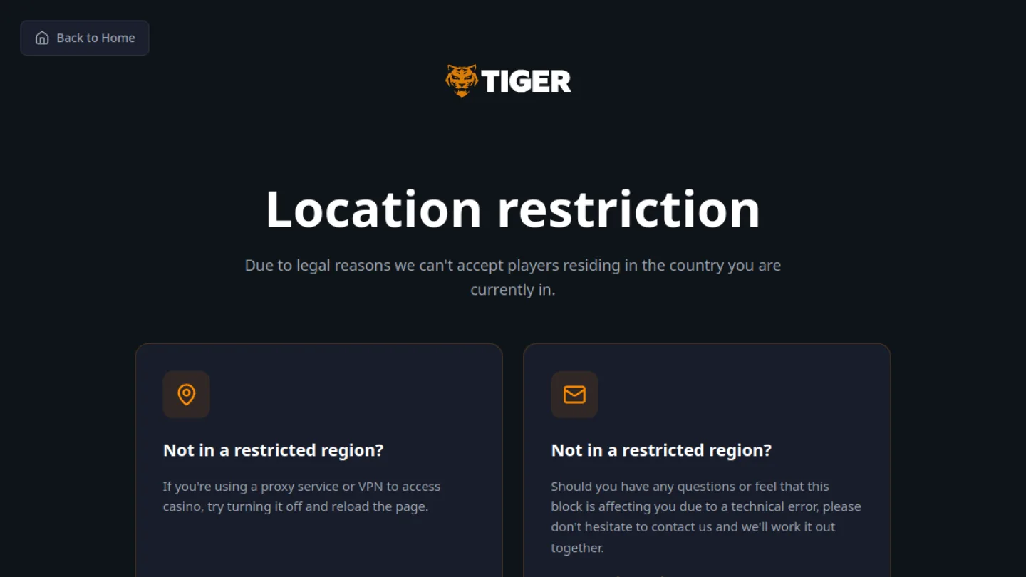 Tiger Casino: верхняя часть интерфейса