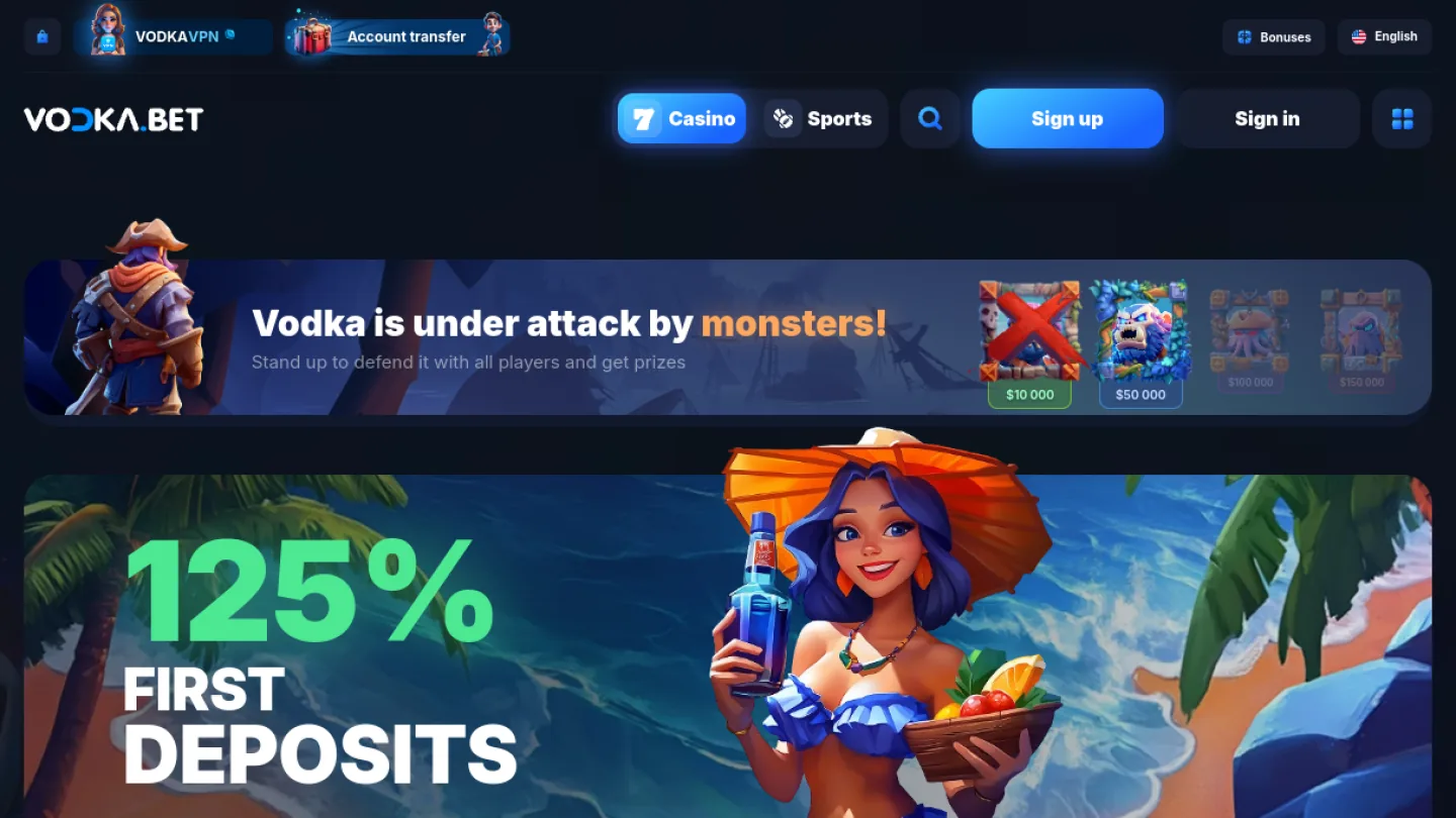 Vodka Casino: верхняя часть интерфейса