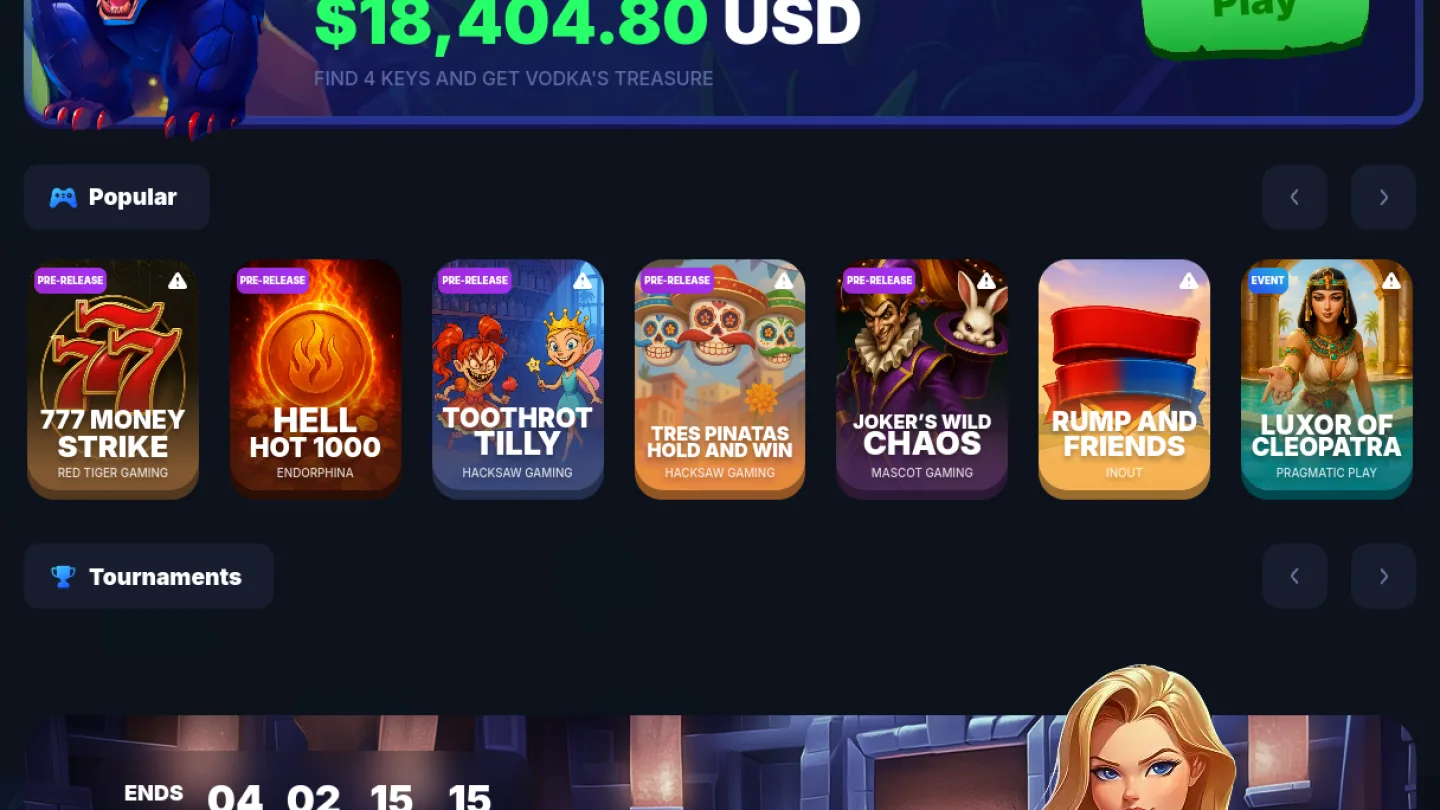 Vodka Casino: разделы сайта