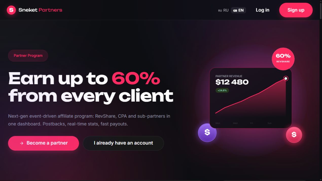 Официальный оффер Sneket Partners: RevShare до 60%.