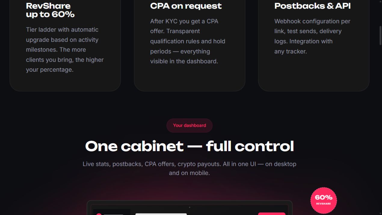 Блок кабинета, real-time статистики, postback и USDT.